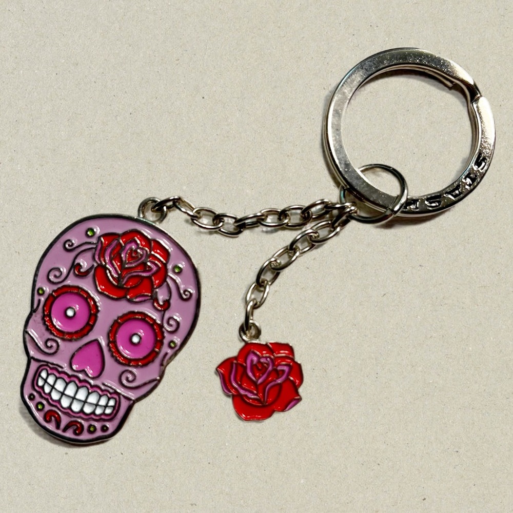 Stash Sugar Skull and Rose Pink Red Keychain Bag Charm Calaverita
